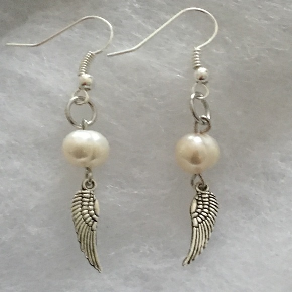 SOLD White Pearl Silver Angel Wing Earrings - Picture 5 of 7